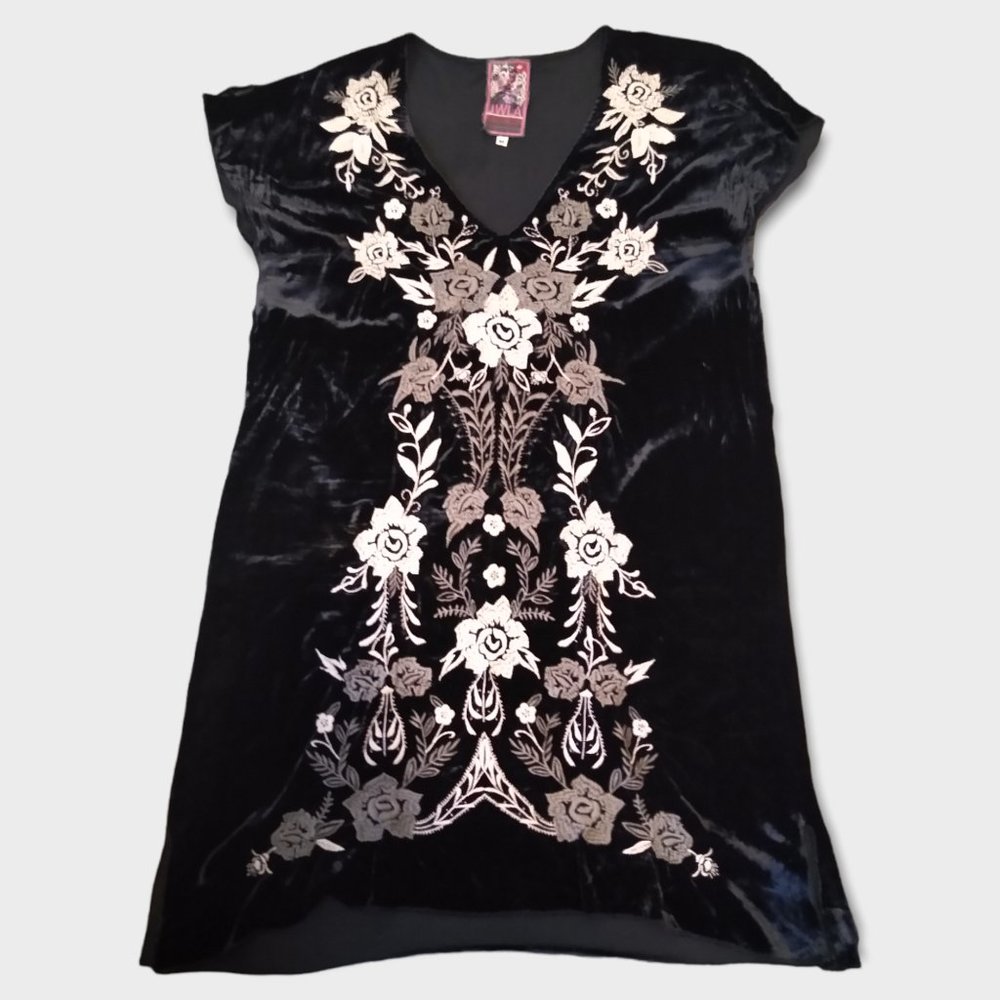 Vintage Johnny Was Black Velvet Embroidered Tunic/Mini Dress SZ M